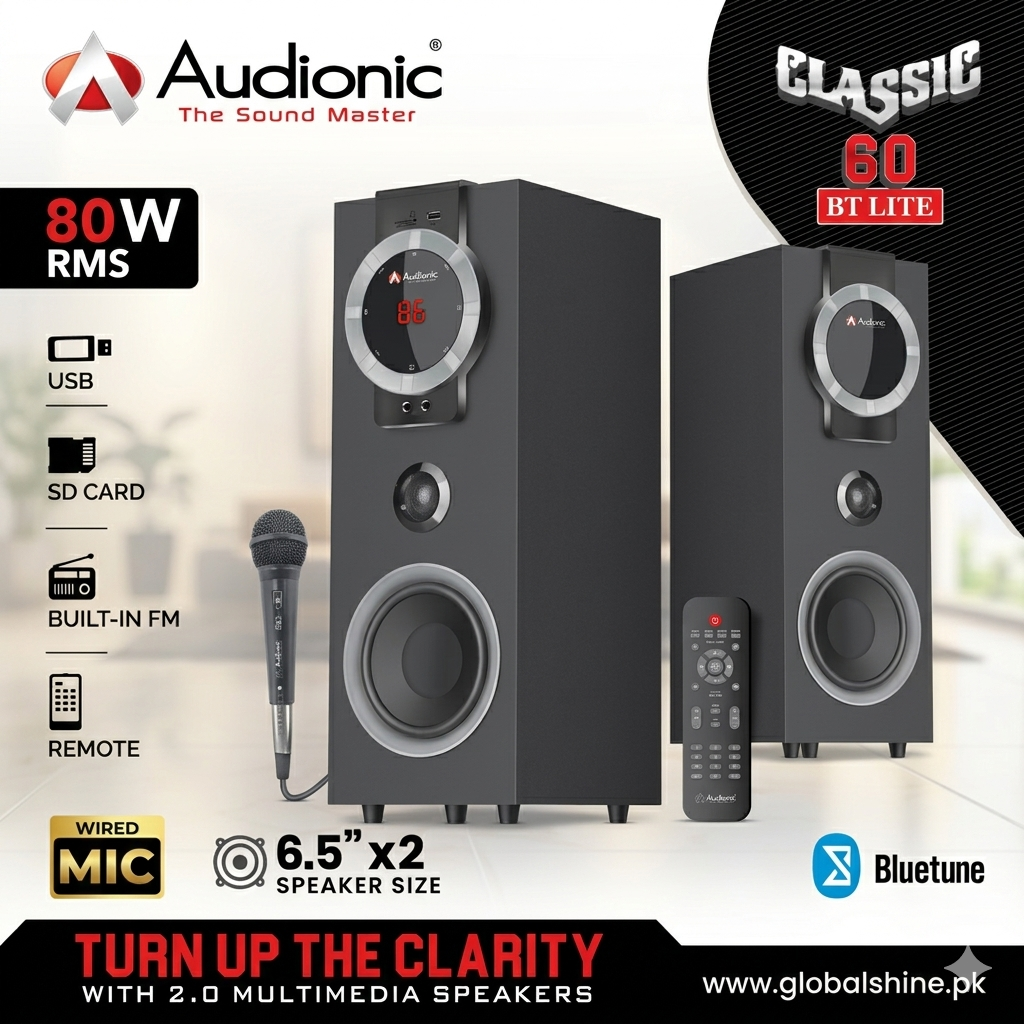 Audionic Classic 60 BT Lite 2.0 Multimedia Speakers – 80W RMS, Wired Mic & Bluetooth